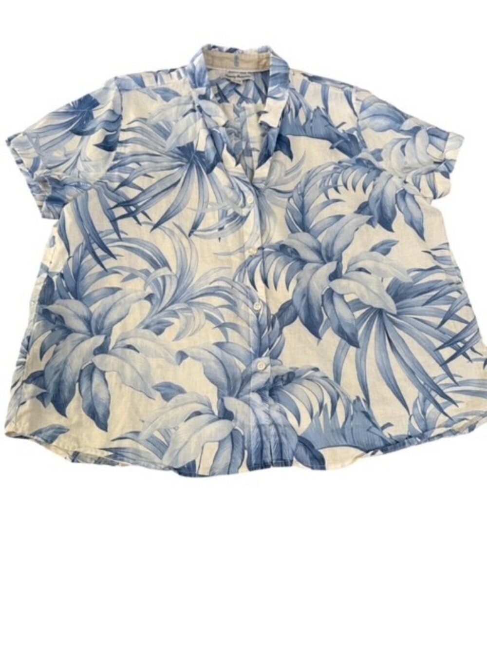 Tommy Bahama Palma Paradise XL White Blue 100% Linen Button Short Sleeve Beach